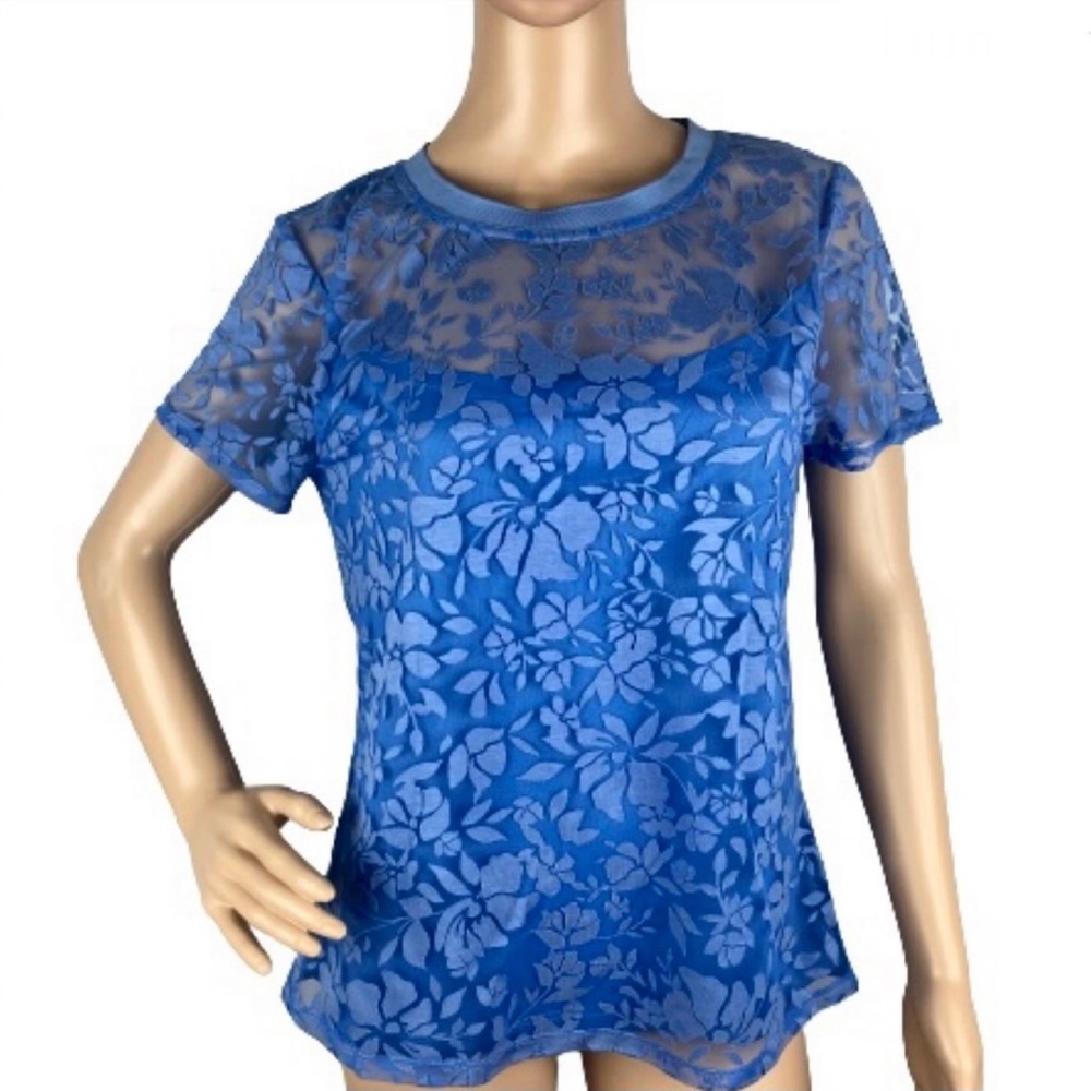 NEW LAUNDRY BY SHELLI SEGAL BLUE FLORAL SHORT SLEEVE TOP - Picture 1 of 5